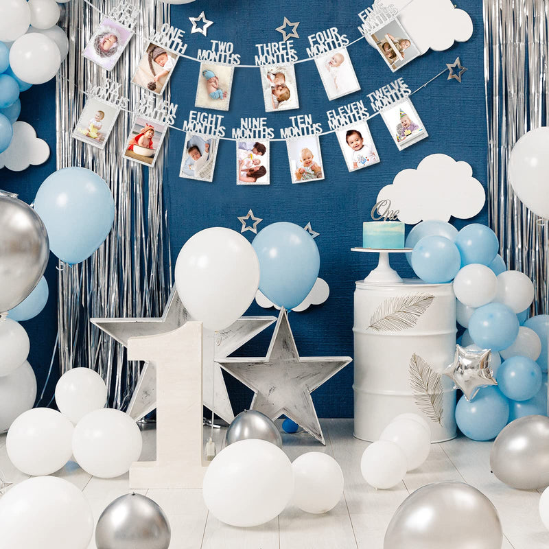 Whaline 1st Birthday Baby Photo Banner for Newborn to 12 Months, Monthly Milestone Photograph Bunting Garland, First Birthday Celebration Decoration (Silver) Silver