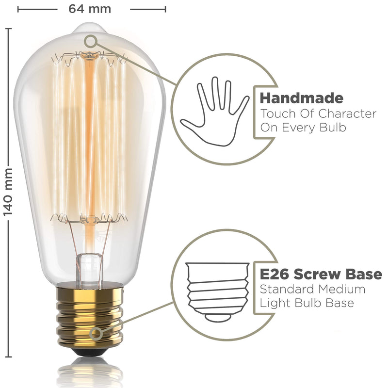 Vintage Incandescent Edison Light Bulbs: 60 Watt, 2100K Warm White Lightbulbs - E26 Base - 230 Lumens - Clear Glass - Dimmable Antique Filament ST64 Light Bulb Set - 4 Pack