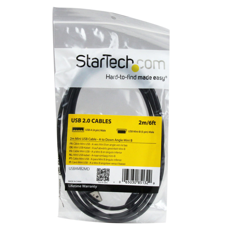 StarTech.com Down Angle Mini USB Cable - 2m - Black - USB A to Mini USB B - USB to Mini USB Cable - Mini USB Charger - USB A to Mini B (USBAMB2MD) 6 ft / 2m