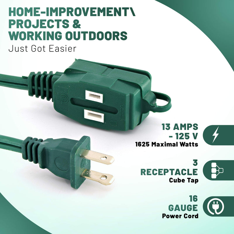 12 Feet Green Extension Cord, 3 Outlet, 2 Prong, 16 Gauge Cable, 3 Receptacle Cube Tap, Indoor use, (2 Pack) - by Revpex 12 FEET 2 PACK