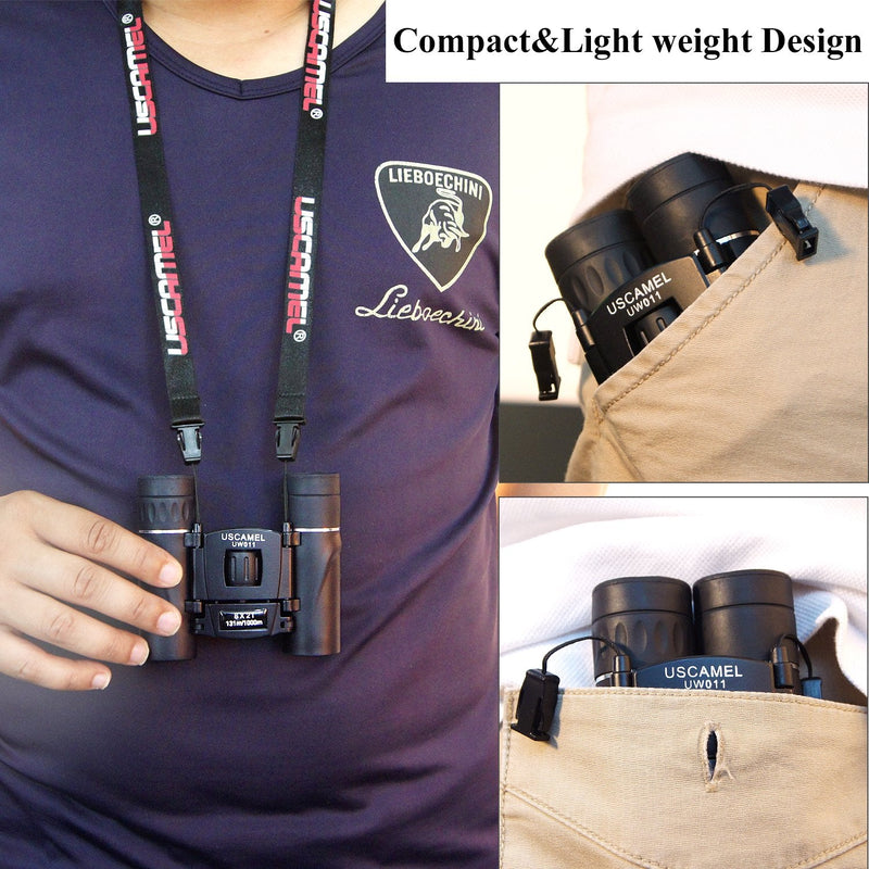 USCAMEL Folding Pocket Binoculars Compact Travel Mini Telescope HD Bak4 Optics Lenes Easy Focus 8x21 Colour Black