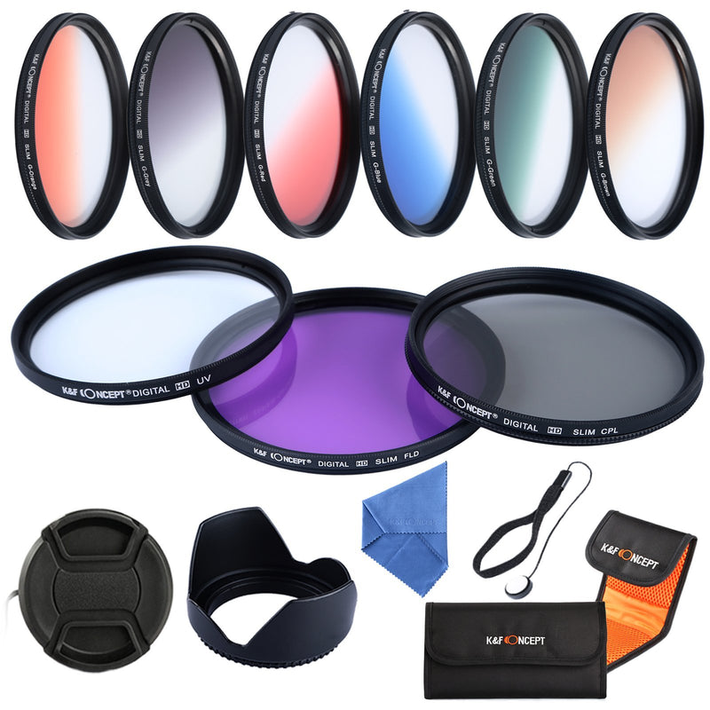 K&F Concept 62mm UV CPL FLD Graduated Filter Lens Accessory 9pcs Filter Kit UV Protector Circular Polarizing Filter + Microfiber Lens Cleaning Cloth + Petal Lens Hood + Filter Bag Pouch