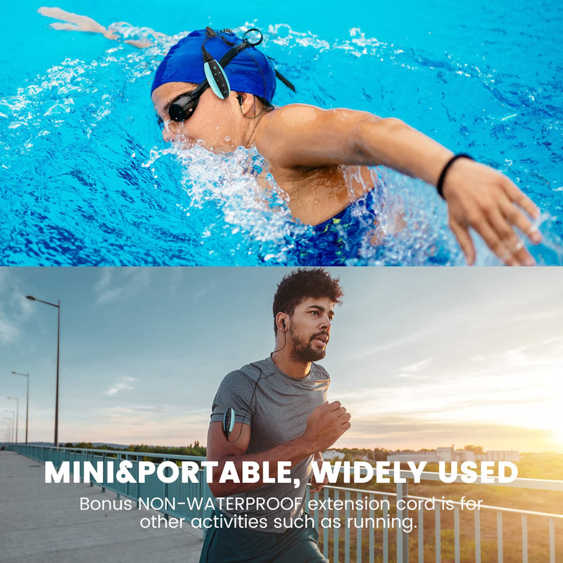 AGPTEK Waterproof MP3 Player for Swimming with Clip, 8GB IPX8 100% Waterproof Music Player with Bluetooth and Underwater Headphones, Model: S19E Blue