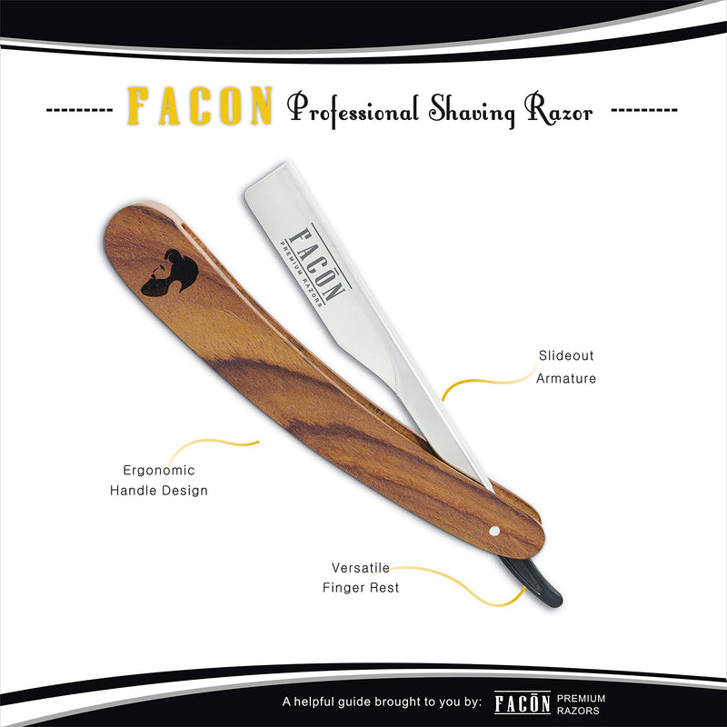 100 BLADES + Facón Professional Wooden Straight Edge Barber Razor - Salon Quality Cut Throat Shavette