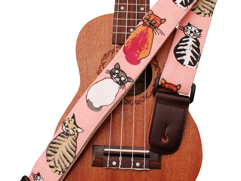 MUSIC FIRST Original Design"MISS CAT" Soft Cotton & Genuine Leather Ukulele Strap Ukulele Shoulder Strap