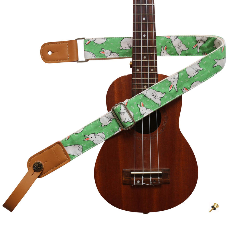 MUSIC FIRST Original Design Cute Cartoon “Little Bunny” Soft Cotton & Genuine Leather Ukulele Strap Ukulele Shoulder Strap With a MUSIC FIRST Genuine Leather Strap Locker