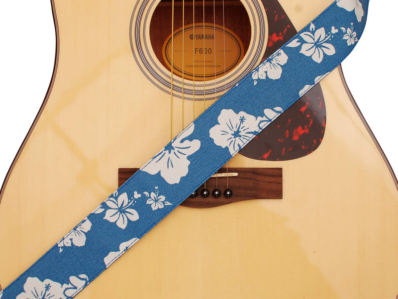 MUSIC FIRST Original Design, 2 inch width (5cm), Hawaii Style “Blue and White Plumeria” Soft Cotton & Genuine Leather Delux Guitar Strap, Ukulele Strap, Mandolin Strap, Salute ELVIS