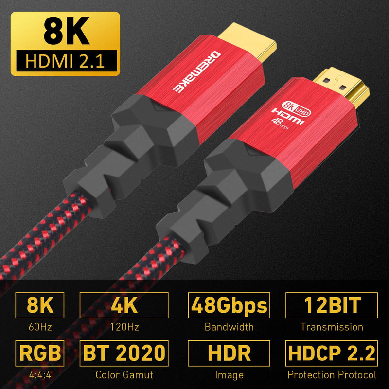 DREMAKE 8K@60Hz HDMI 2.1 Cable, 1.5M High Speed 48Gbps Certified HDMI 2.1 Support 8K 7680P HDR 10, Ethernet, eARC, Dolby Vision, HDCP 2.2, Compatible for Projector, PS5, Roku TV, Black/Red Tweed