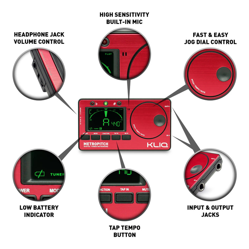 KLIQ Music Gear MetroPitch - Metronome Tuner for All Instruments - with Guitar, Bass, Violin, Ukulele, and Chromatic Tuning Modes - Tone Generator Red