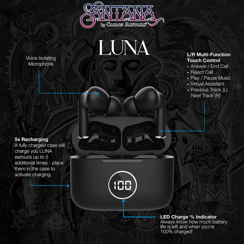 Santana Luna by Carlos Santana Bluetooth True Wireless Earbuds - IPX5 Waterproof Earbuds with Charging Case