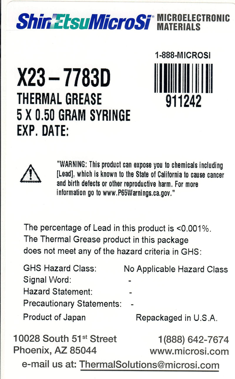 Shin-Etsu MicroSi X23-7783D, Direct from Manufacturer, Genuine High Performance Silicone Thermal Grease, Five 0.5 gm Syringes (5x0.5 gm), with Lot #, Exp. Date