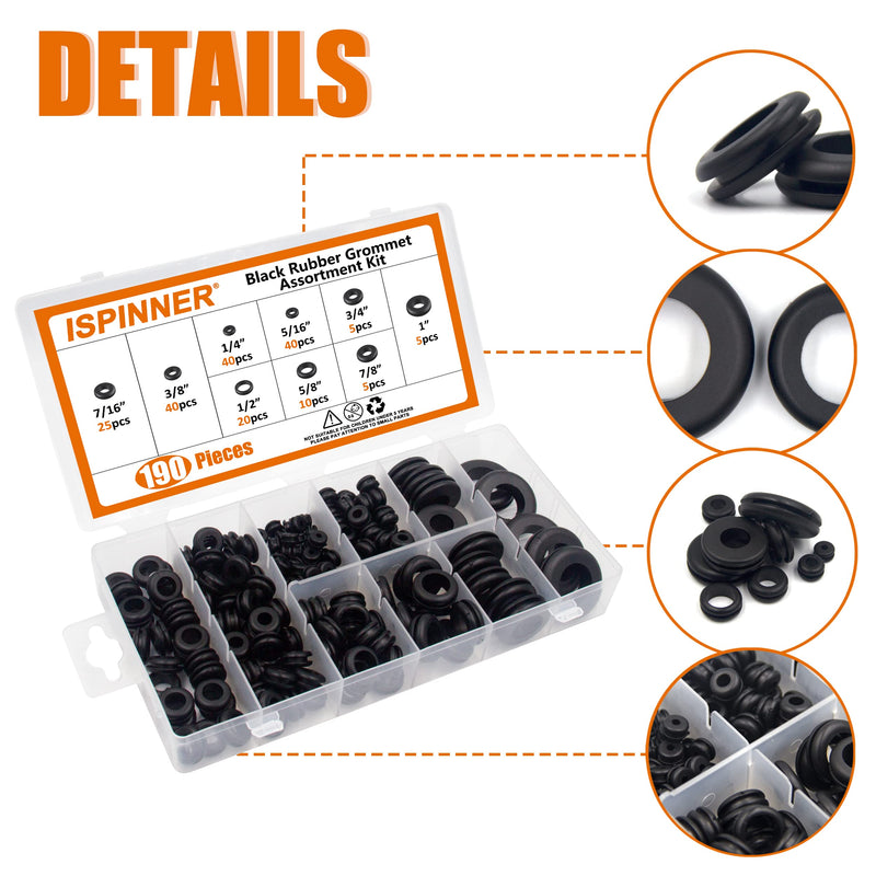 ISPINNER 190pcs Rubber Grommet Assortment Kit, 9 Sizes Eyelet Ring Gasket 1/4" 5/16" 3/8" 7/16" 1/2" 5/8" 3/4" 7/8" 1" (Black) Black