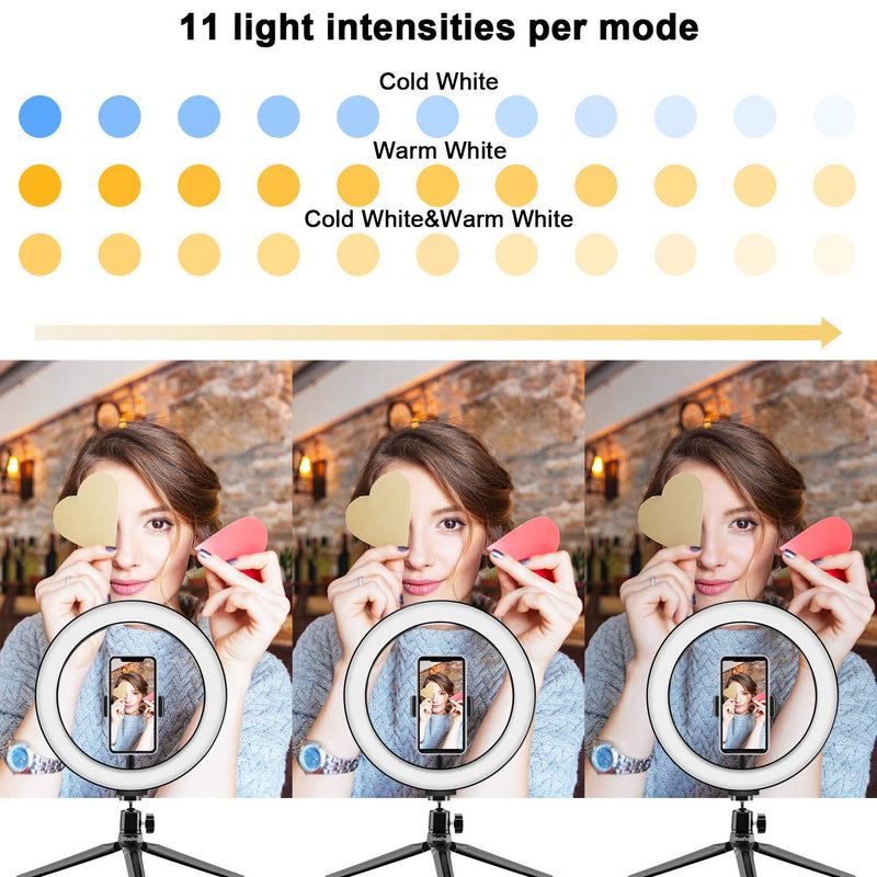 Abafia Mini Led Ring Light, Ring Light Tripod with Remote Control, 3 Color Mode and 10 Brightness Levels, Selfie Light 360 Degree Rotation for Live Streaming, Selfie, Video Shoot, Makeup （3.5-6.5''