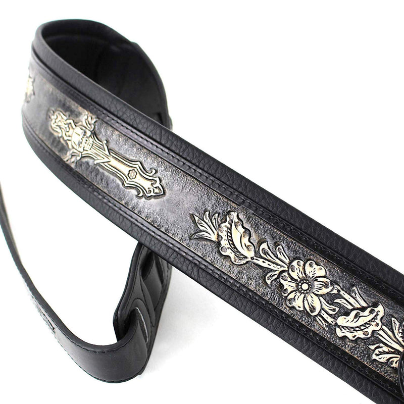Walker and Williams KB-02-BLK Distressed Black Carving Leather Padded Strap With Floral Skull & Cross
