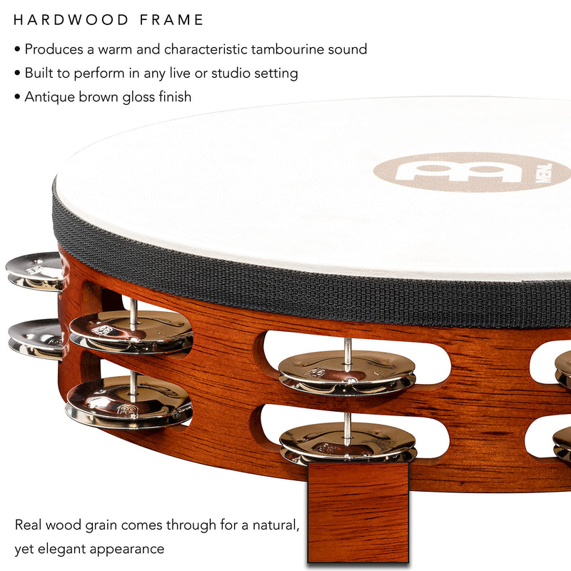 Meinl Percussion TAH2AB Traditional 10-Inch Wood Tambourine with Goat Skin Head and Steel Jingles, 2 Row Double Row Headed