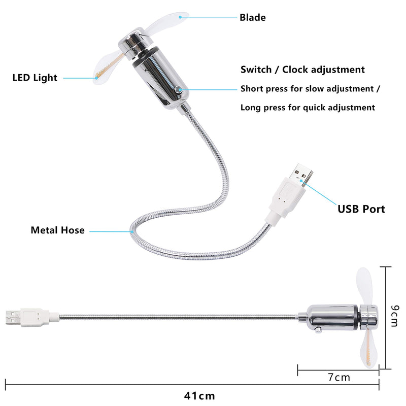 GELRHONR USB LED Fan with Temperature,USB Cooling Flashing Fan with Temperature English Words and Blue Ray Display,Adjustable Flexible Gooseneck for PC，Laptop，Office, Home & Travel -Silver