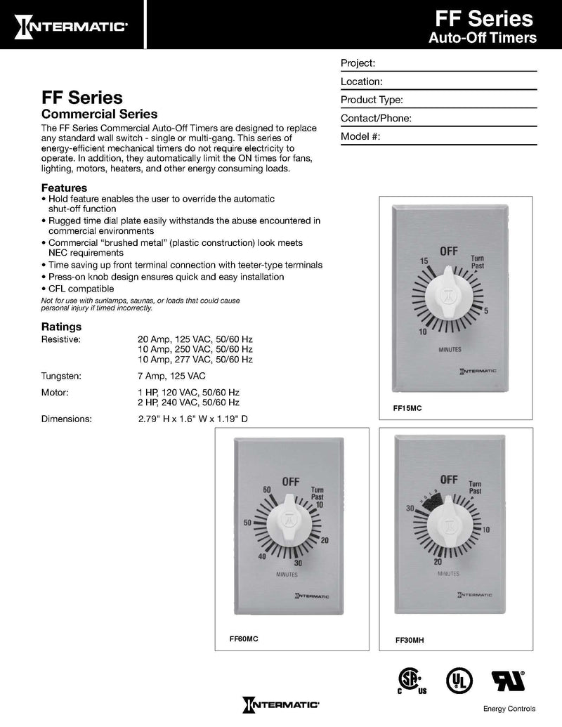 Intermatic FF12HHC 12-Hour Spring Loaded Wall Timer, Brushed Metal Finish SPST with hold