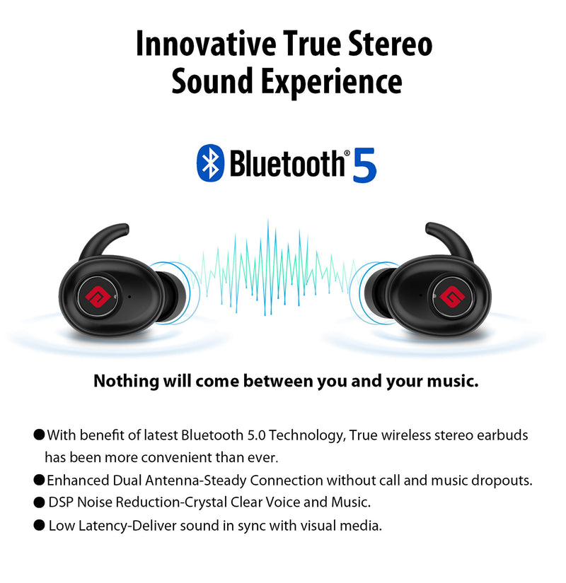 True Wireless Earbuds Bluetooth 5.0 Headphones, Sports in-Ear TWS Stereo Mini Headset w/Mic Extra Bass IPX5 Waterproof Low Latency Instant Pairing 15H Battery Charging Case Noise Cancelling Earphones Black