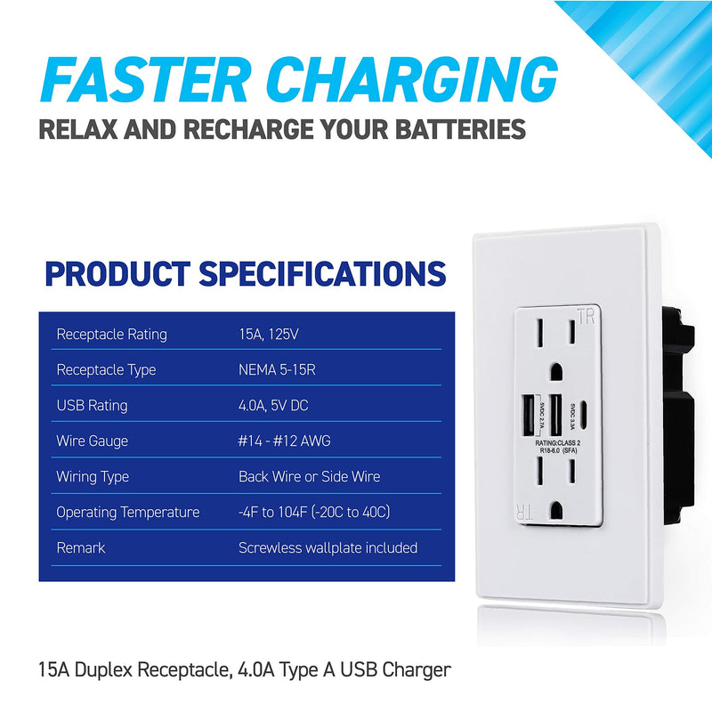 [AUSTRALIA] - Coby USB Wall Outlet Dual High Speed 6.0 Amp USB Ports with Smart Chip, USB Type C Port, 15A Duplex Tamper Resistant Receptacle Electrical Outlet, Pack of 2 White 