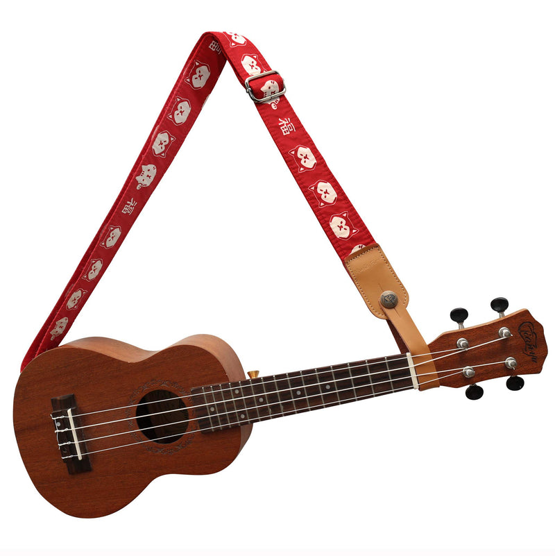 MUSIC FIRST Original Design Cute Cartoon “Red Serious Shiba Inu Dog” Soft Cotton & Genuine Leather Ukulele Strap Ukulele Shoulder Strap With a MUSIC FIRST Genuine Leather Strap Locker