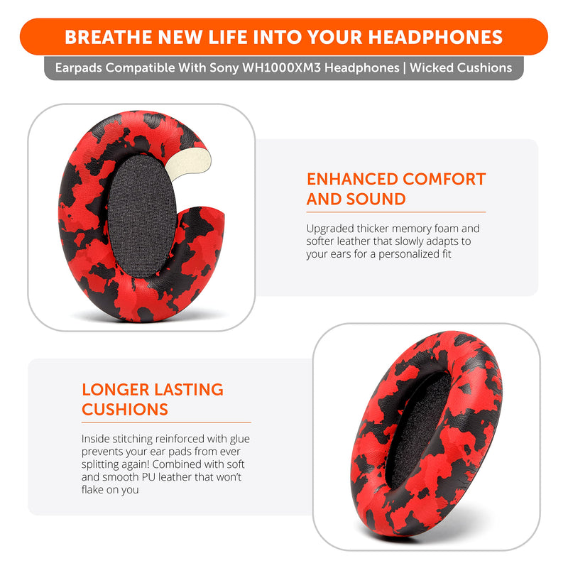 WC Wicked Cushions Extra Thick Replacement Earpads Compatible with Sony WH-1000XM3 Headphones - Red Camo