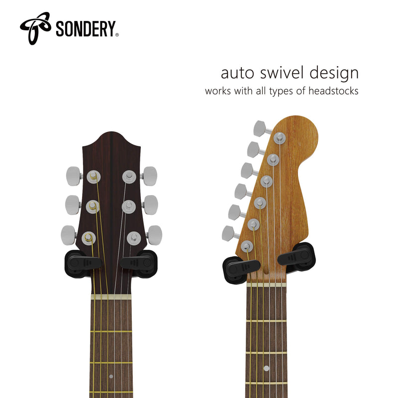 Sondery Guitar Hanger Wall Mount - Adjustable Guitar Hook Holder for Acoustic and Electric Guitar, Ukulele and Bass with Real Wood Base and Black Cradle for Instrument Display 2 Pack