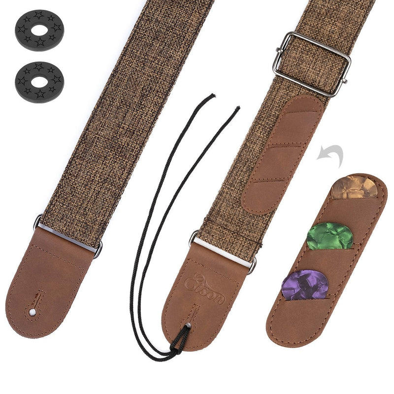 Guitar Strap with Leather Ends and Pick Pocket for Electric Bass Guitar and Ukulele Acoustic Linen Style 2" Width, with Free Picks and Strap Saver Blocks (Linen Brown)