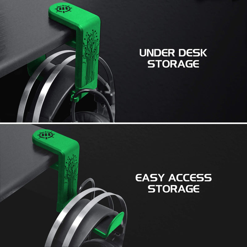 ENHANCE PC Gaming Headphone Holder - Desk Headphone Hanger Esports Headset Holder with Adjustable 360 Rotation, Under Desk Headphone Hook Clamp, Universal Fit - Built in Cable Clip Organizer - Green