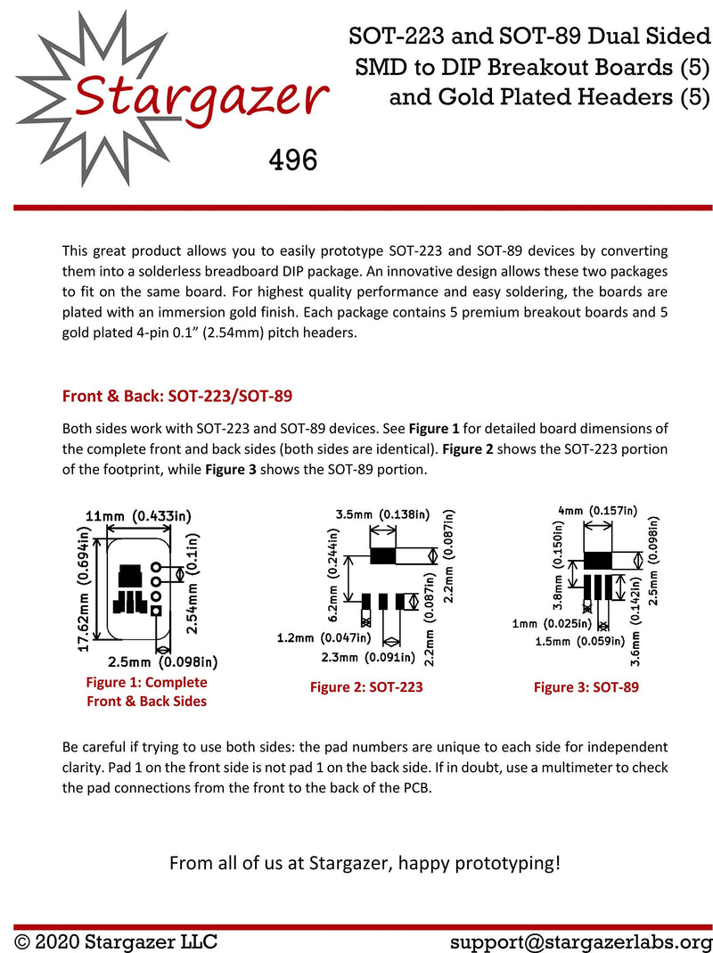Stargazer SMD to DIP Breakout for SOT-223 and SOT-89 with Gold Plated Headers [5 Pack]