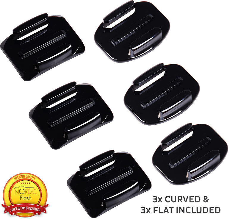 Adhesive Mounts for GoPro Cameras - 3x Curved & 3x Flat Mounts Bundle W/ 3M Sticky Pads- Tape Mount to Your Helmet/Bike/Board/Car- Fits ALL Go Pro Models - Premium Camera Accessories - 1 Year Warranty 3 Curved & 3 Flat Mounts