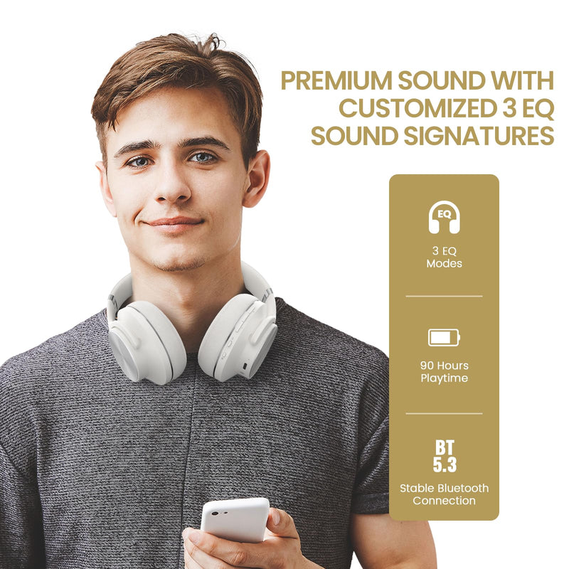 DOQAUS Bluetooth Headphones Over Ear, 90 Hours Playtime Wireless Headphones with 3 EQ Modes, Noise Isolating HiFi Stereo Headphones with Deep Bass, Microphone, Soft Earpads for Cellphone/PC (White) White