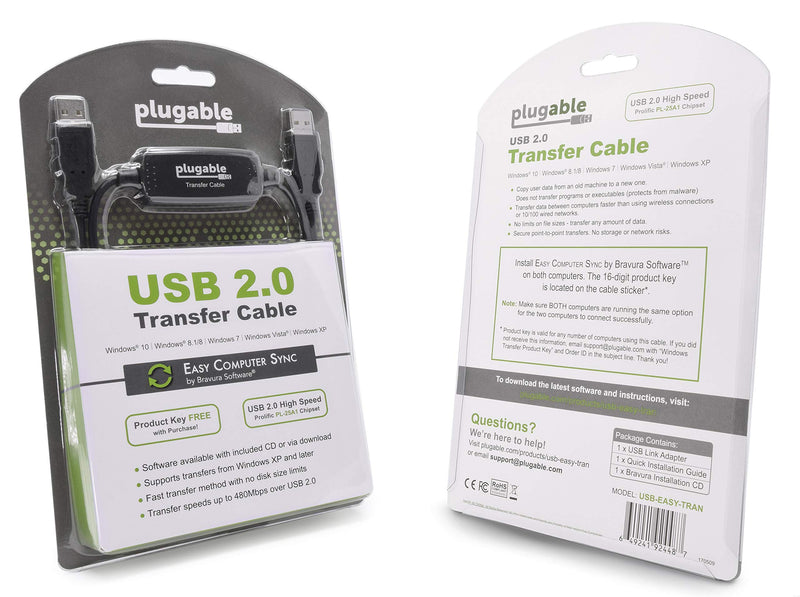 Plugable USB 2.0 Transfer Cable, Unlimited Use, Transfer Data Between 2 Windows PC's, Compatible with Windows 10, 8.1, 8, 7, Vista, XP, Bravura Easy Computer Sync Software Included