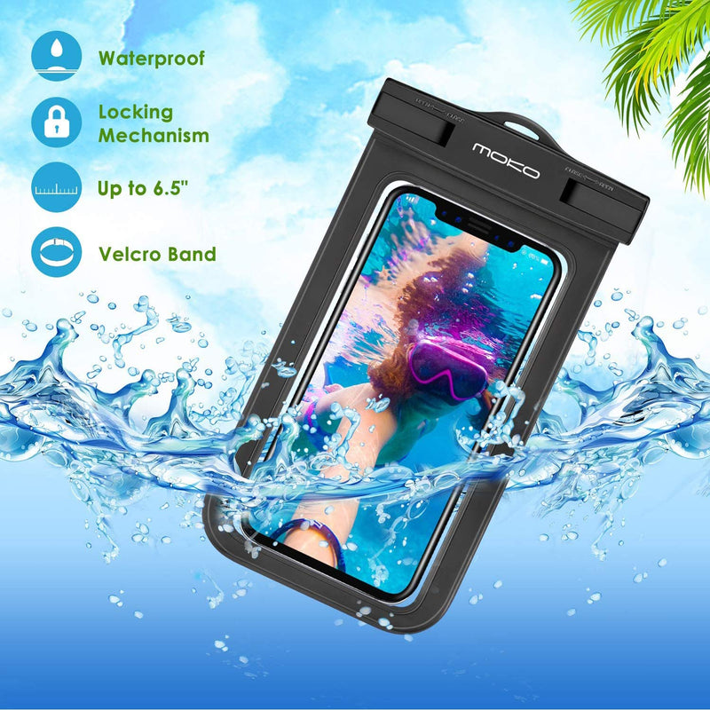 MoKo Waterproof Phone Pouch Holder, Underwater Cellphone Case Dry Bag with Lanyard Armband Compatible with iPhone 12 Mini/12 Pro, iPhone 11 Pro Max, Xr/Xs Max, 8, Samsung S21/S20/S10/S9, A10E, Note 10 Black