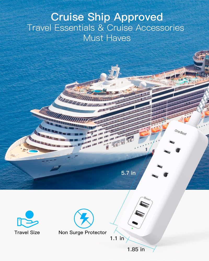 Cruise Essentials, USB C Travel Power Strip, Flat Plug Power Strip with 2 Outlets 3 USB Ports (1 USB C), 5ft Flat Extension Cord USB Charging Station, Non Surge Protector for Cruise Ship, Travel, Home 5 Ft White