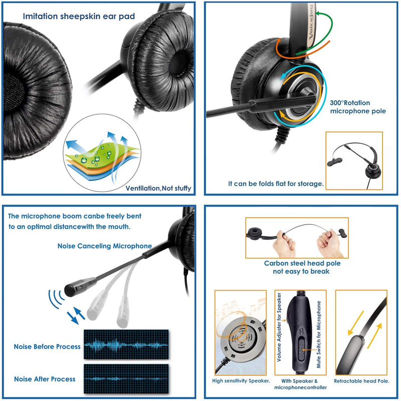 VoiceJoy Volume and Mute Switch Telephone Headset Compatible with Yealink T21 T42 etc Avaya 1608 9640 9620 9630 9640 Grandstream GXP1400 2120 etc IP Phones