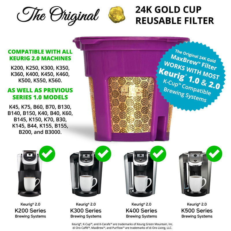 DI ORO MaxBrew Keurig Reusable K Cup Coffee Filter – For Keurig 1.0 and 2.0 Coffee Brewers - 24K Gold Small Refillable Coffee Filter - Fits K200, K300/K350/K360, K450/K460, K500/K550/K560 (Purple)
