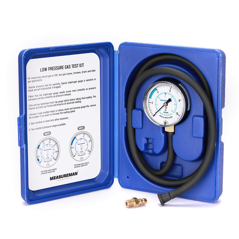 MEASUREMAN Natural Gas or LP Gas Manifold Pressure Test Kit, 0-10"W.C, 1/4"NPT, 40" Length Hose 0-10inH2O Pressure Test Kit
