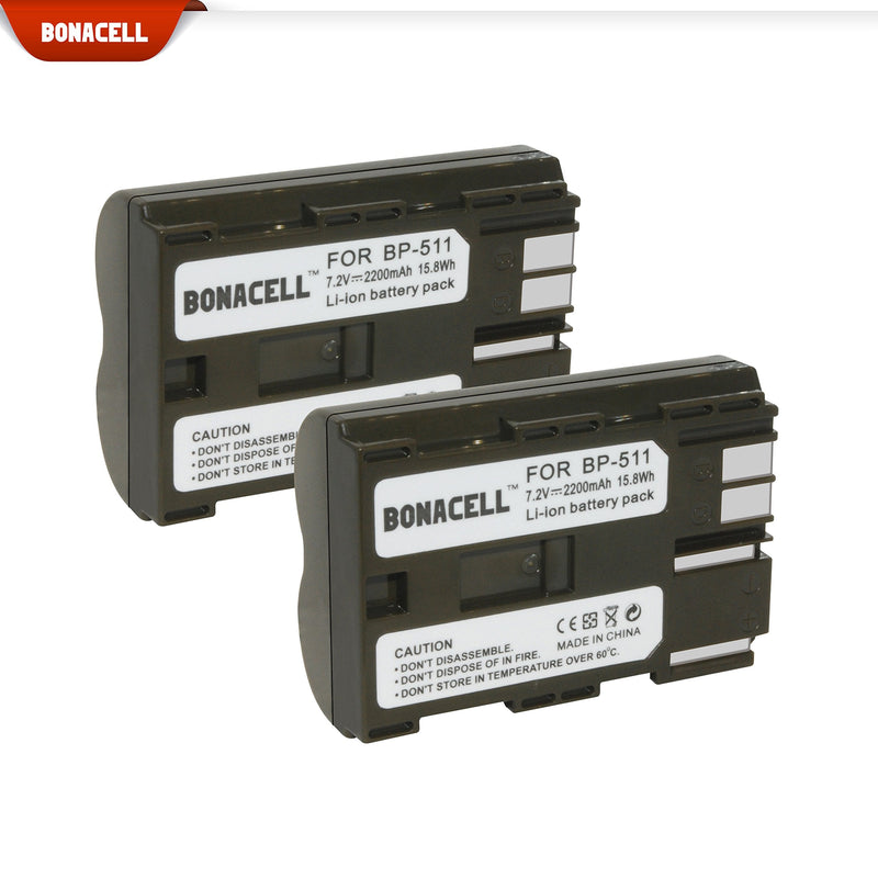 Bonacell BP-511/BP-511A 2200mAh Replacement Battery(2 Pack) Compatible with Canon EOS 50D 40D 30D 20Da 20D 10D 5D 300D Digital Rebel D30 D60 PowerShot G6 G5 G3 G2 G1 Pro 1 Pro 90 Pro 90 is