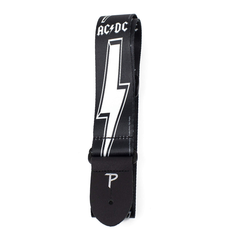 Perri’s Leathers AC/DC Polyester Guitar Strap, 2” inches Wide, Adjustable Length 39” to 58” inches, Black with White Lightning Bolt and AC/DC Logo