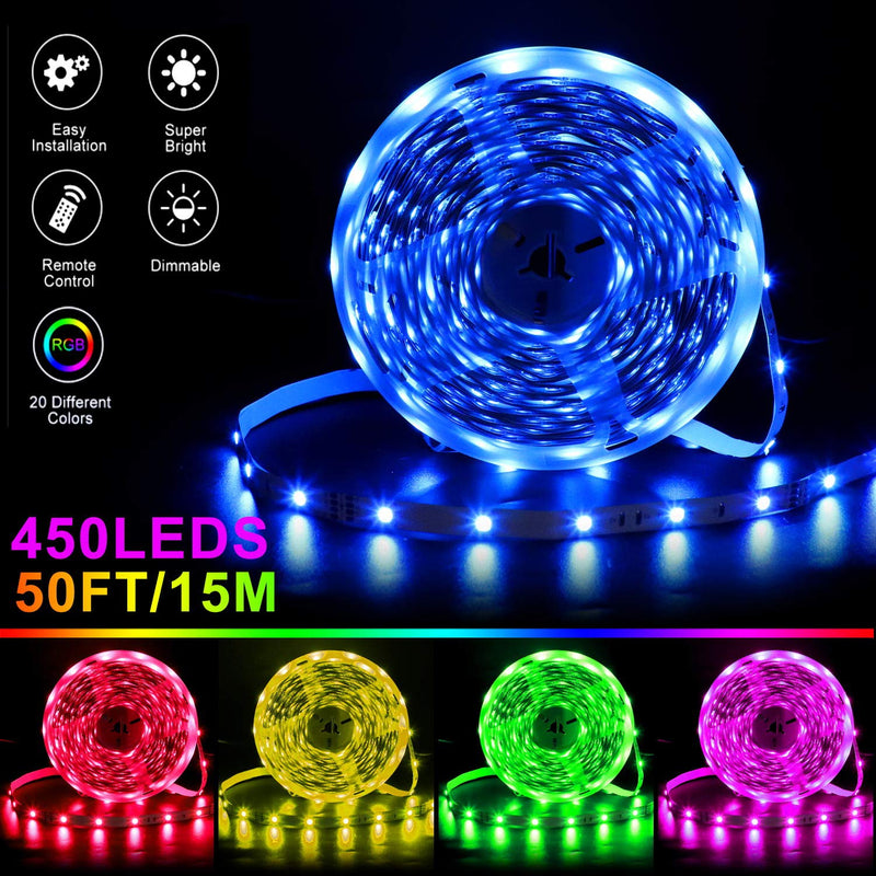 [AUSTRALIA] - 50ft/15M LED Strip Lights Kit,5050 RGB 450D Flexible Non-Waterproof Tape Lights with 24V Power Supply 44Key IR Remote Controller for Home Ceiling Lighting Kitchen BarIndoors,Living Room 50ft/15M 