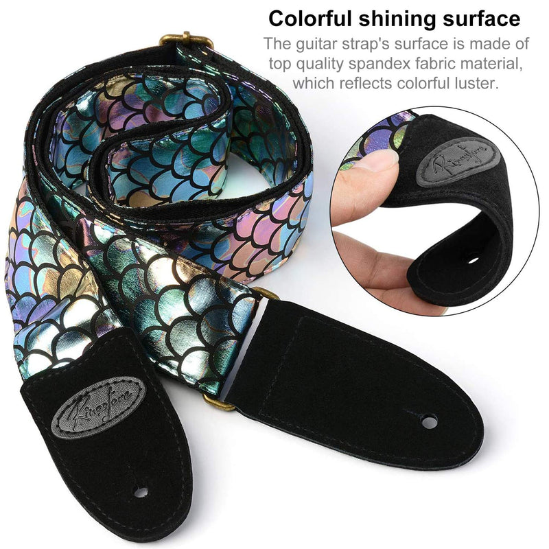 Guitar Strap Bling Mermaid Style 2 Strap Locks with 1 Strap Button - Cotton & Suede Leather Ends Strap for Acoustic & Electric Guitars, Bass Guitars (Bling Mermaid)