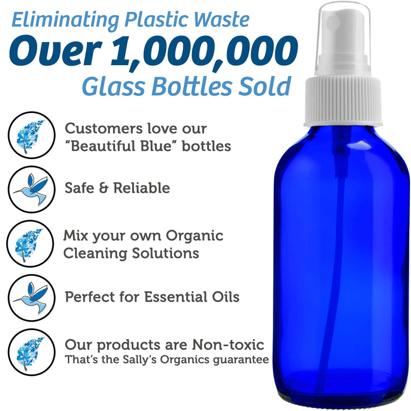 2 Empty Blue Glass Spray Bottles - 4oz Refillable Bottle is Great for Essential Oils, Organic Beauty Solutions, Homemade Cleaning and Aromatherapy - Small Portable Misters with Caps and Labels - 2 Pack