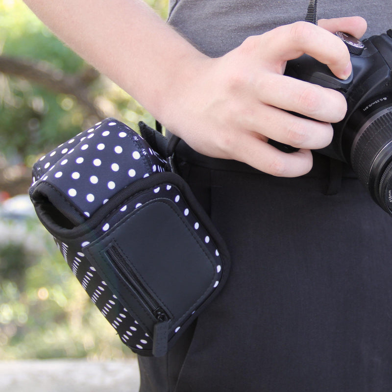 USA GEAR DSLR Camera Sleeve Case (Polka Dot) with Neoprene Protection , Holster Belt Loop and Accessory Storage - Compatible With Nikon D3400, Canon EOS Rebel SL2, Pentax K-70 and More Polka Dot