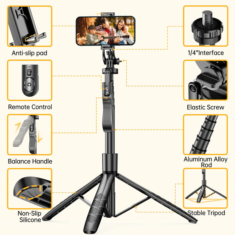 61" Selfie Stick Tripod, All in One Extendable Phone Tripod Stand with Wireless Remote 360° Rotation for iPhone and Android Phone Selfies, Video Recording, Vlogging, Live Streaming, Aluminum