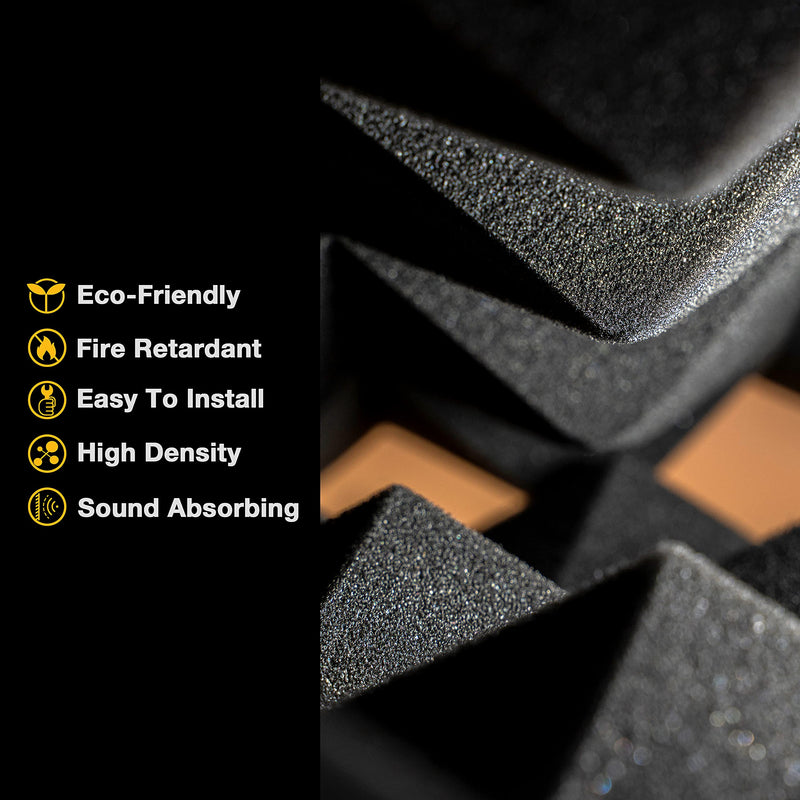 Acoustic Foam Panels - Pyramid Recording Studio Wedge Tiles - 2" X 12" X 12" Isolation Treatment for Walls and Ceiling (12 Pack, Black) 12 Pack