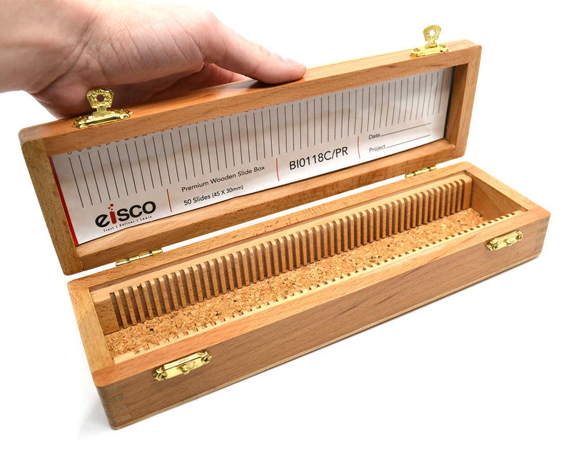 Wooden Slide Box for Size 45mm x 30mm Slides, Holds 50 Slides, Double Clasp Lid - Eisco Labs