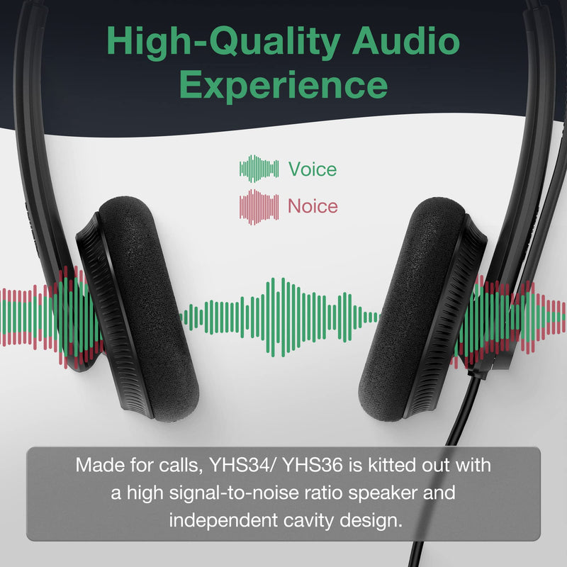 Yealink Phone Headsets for Office Phones YHS34 Lite QD to RJ9 Wired Headset Compatible with Poly Avaya Snom Grandstream Phones Desk Landline Headset with Microphone -Dual/111g/2.1m Cable Foamy Ear Cushions - Dual