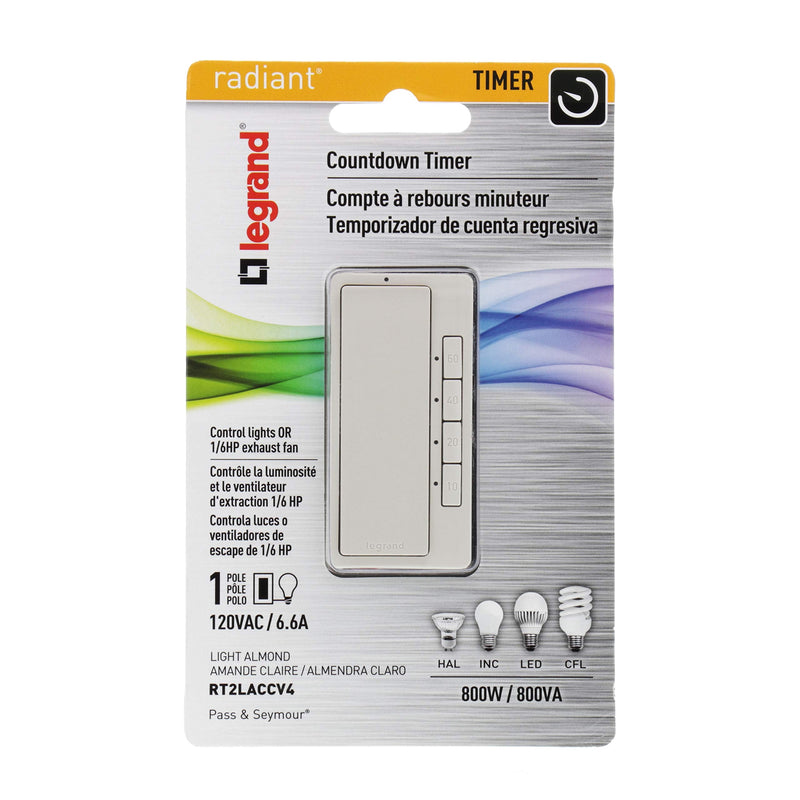Legrand radiant Digital Light Switch Countdown Timer, Decorator Rocker Wall Switch, 4-Button, RT2LACCV4 Light Almond