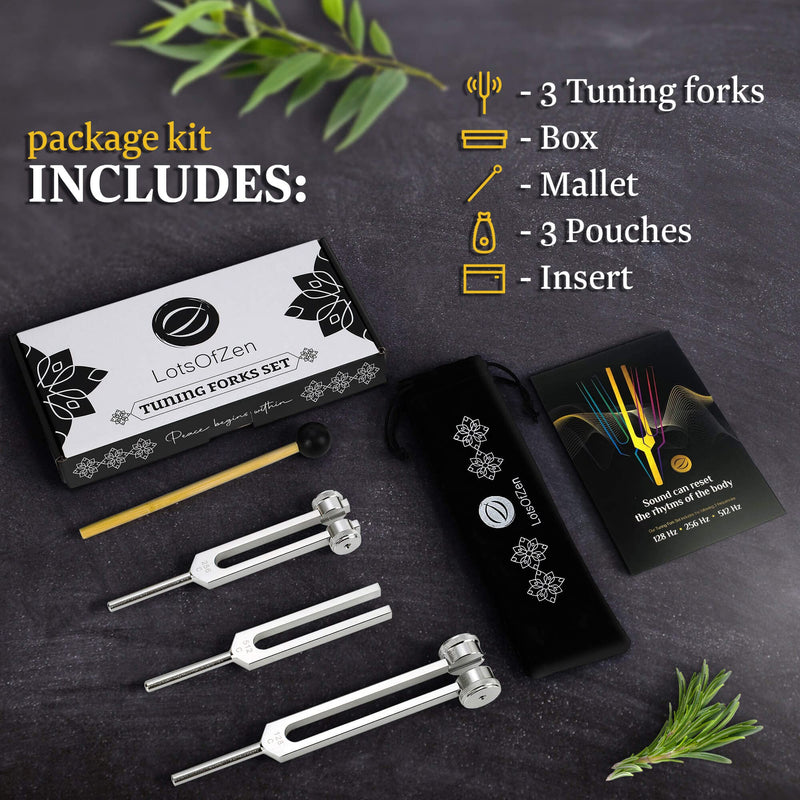 Tuning Fork Set (128Hz, 256Hz, 512Hz) — Body Tuning Forks for Healing Chakra Set — Tuning Fork Medical Sound Healing Therapy, DNA Repair, Violin/Guitar/Piano Tune Fork — Gift Ready