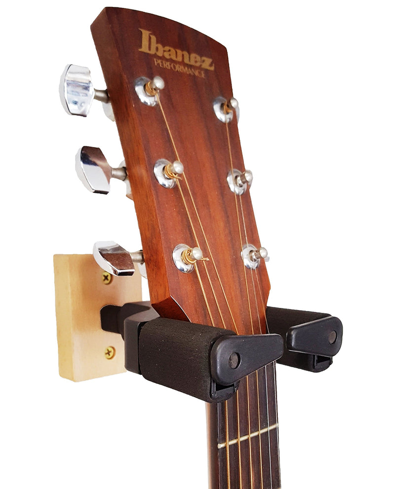 Guitar Hanger Wall Mount Stand with Auto Lock Tabs- Solid Wood Base- for Acoustic, Electric and Bass- Bracket Hook Holder Keeps Your Instrument Secure